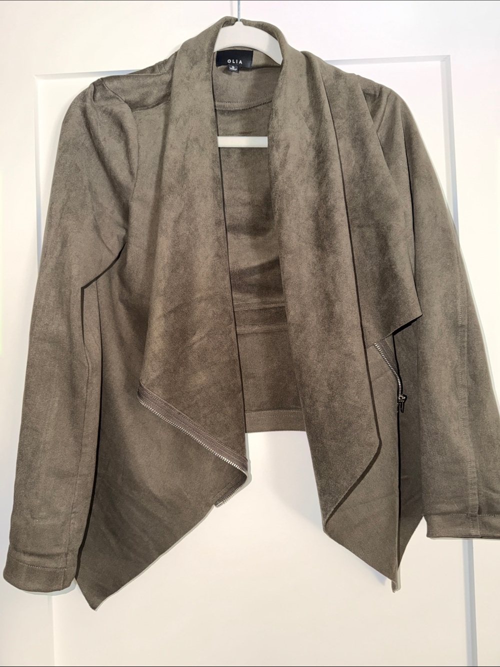 Olia Taupe Faux-Suede Draped Open Front Jacket